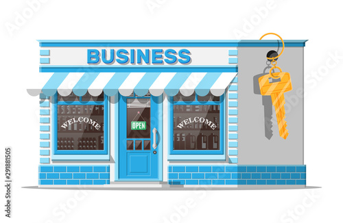 Shop building or commercial property with key. Real estate business promotional, startup. Selling or buying new business. Small european style shop exterior. Flat vector illustration