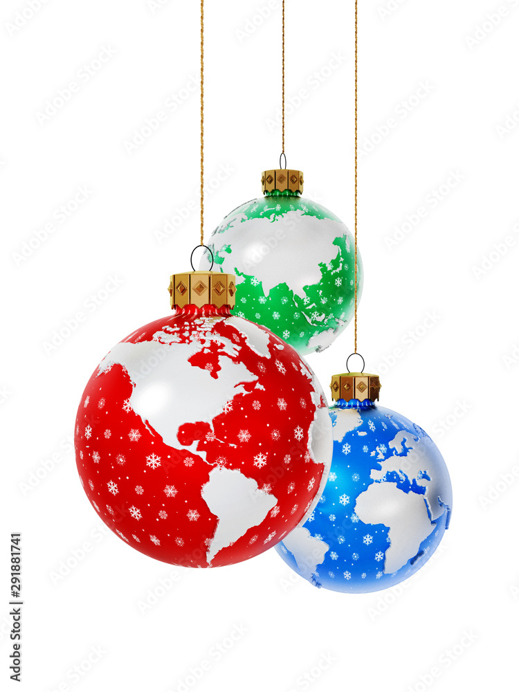 Christmas baubles with earth map isolated on white background. 3D rendering