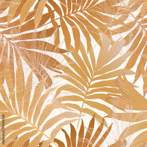 Gold colored fan palm leaves seamless pattern. Golden tropical leaf background.