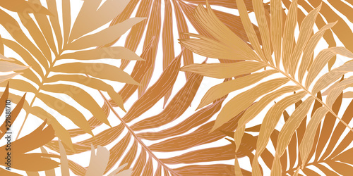 Gold colored fan palm leaves seamless pattern. Golden tropical leaf background.