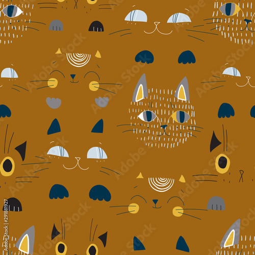 Cute cats muzzles seamless pattern. Artistic nursery background.
