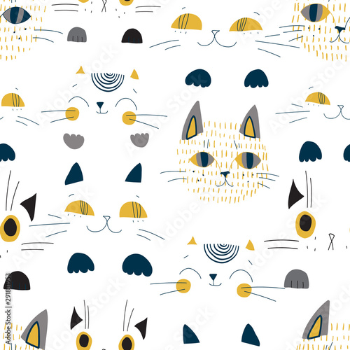 Cute cats muzzles seamless pattern. Artistic nursery background.