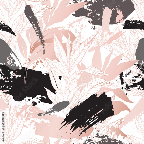 Hand drawn abstract floral background: line art leaves, grunge brush strokes ...