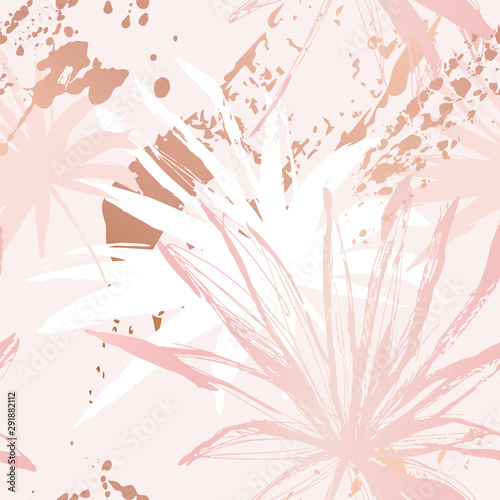 Hand drawn abstract tropical summer background: fan palm tree leaves, grunge ...