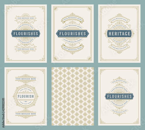 Vintage ornament greeting cards set vector templates.