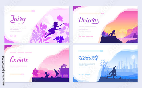 Set of diverse fantasy worlds. Fantasy creatures from old myths and fairy tales. Template of flyear, web banner, ui header, enter site. Invitation concept background. Layout modern slider page