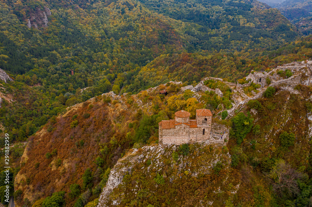 Aerial view of Asenova fortress  in the mountains near Asenovgrad during the autumn