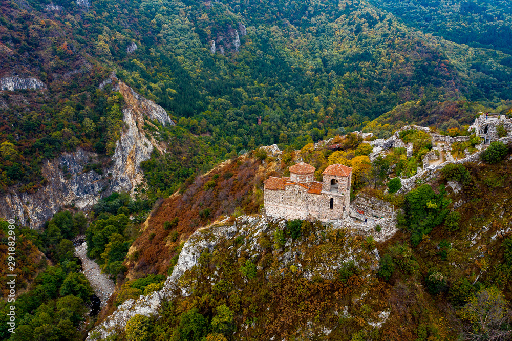 Aerial view of Asenova fortress  in the mountains near Asenovgrad during the autumn