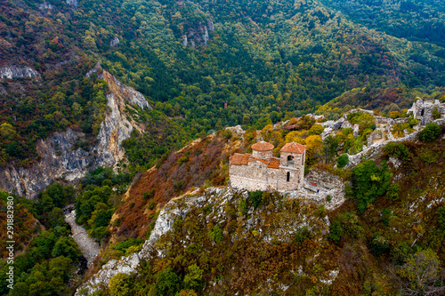 Aerial view of Asenova fortress in the mountains near Asenovgrad during the autumn