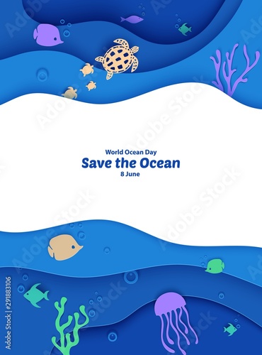 World Oceans Day 8 June. Paper craft depth under water sea cave with fishes, coral reef, seabed in algae, waves. Diving concept, deep blue marine life. Vector sea wildlife.
