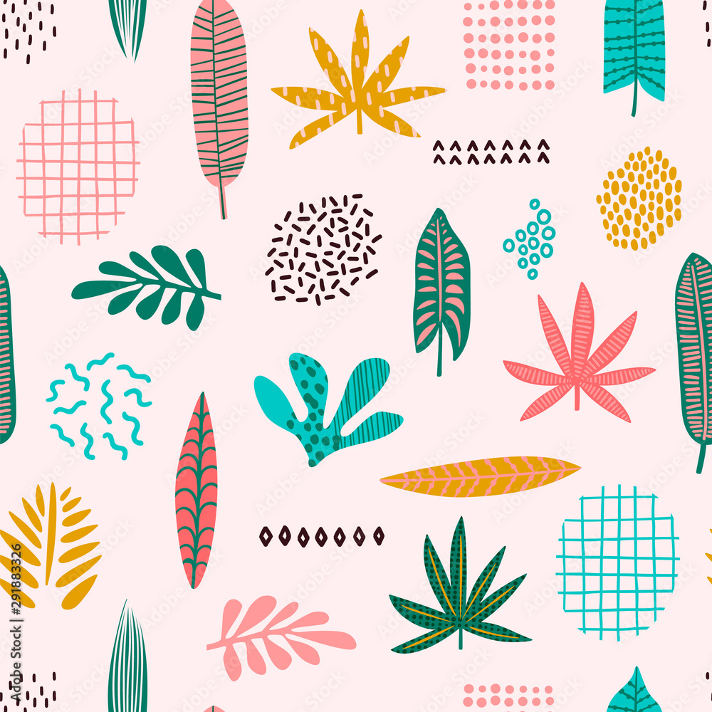Fototapeta Abstract seamless pattern with tropical leaves. Hand draw texture. Vector