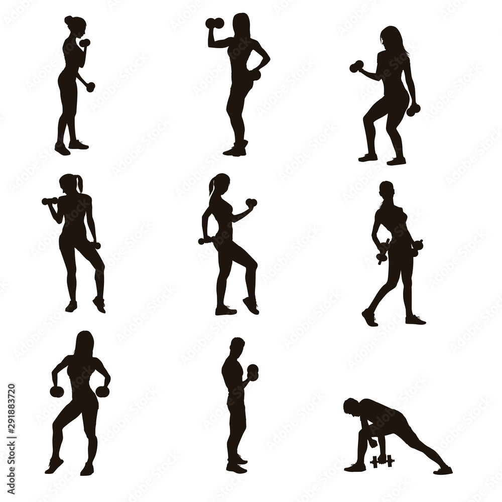 Fotografie People Exercise With Dumbbells Silhouette