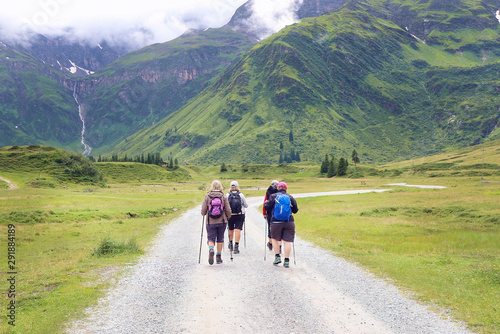Group of eldery people go Nordic walking in the mountains.