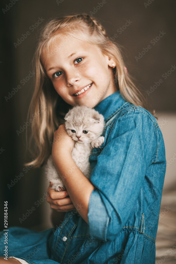 Girl hugs and plays a british little kitten