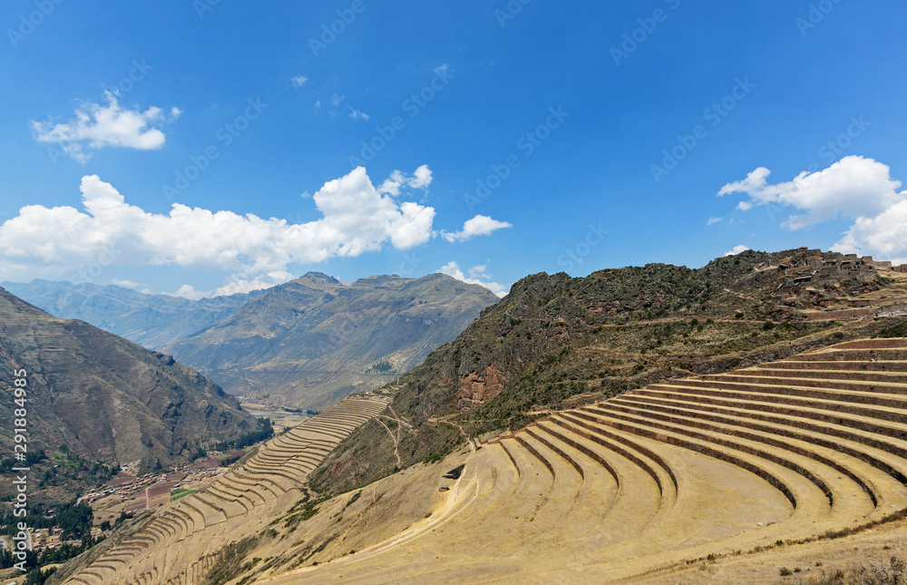 Panoramic view of the ancient Inca ruins of Pisac Pisac in the Sacred Valley near Cusco, Peru.
