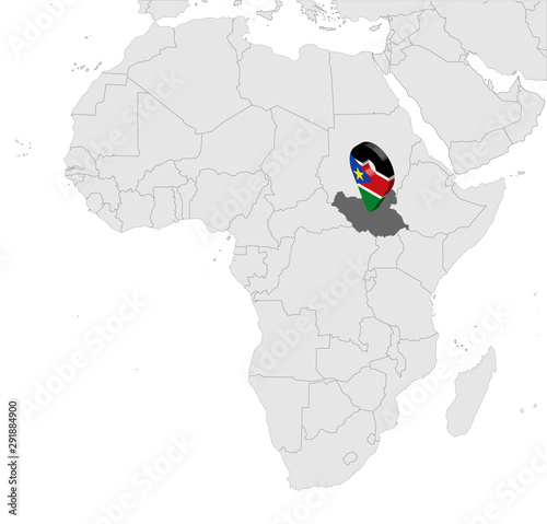 Location Map of Southern Sudan on map Africa. 3d Republic of South Sudan flag map marker location pin. High quality map of Southern Sudan. Vector illustration EPS10.