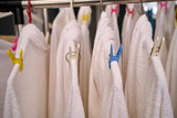 White Towel Hanging Drying after Washing. Clean and Soft. Laundry Shop.