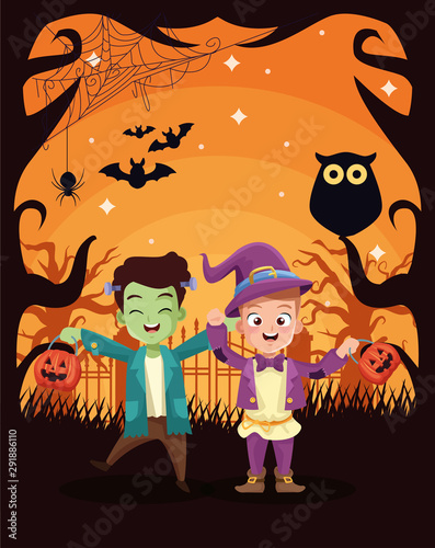 halloween dark scene with kids disguised characters