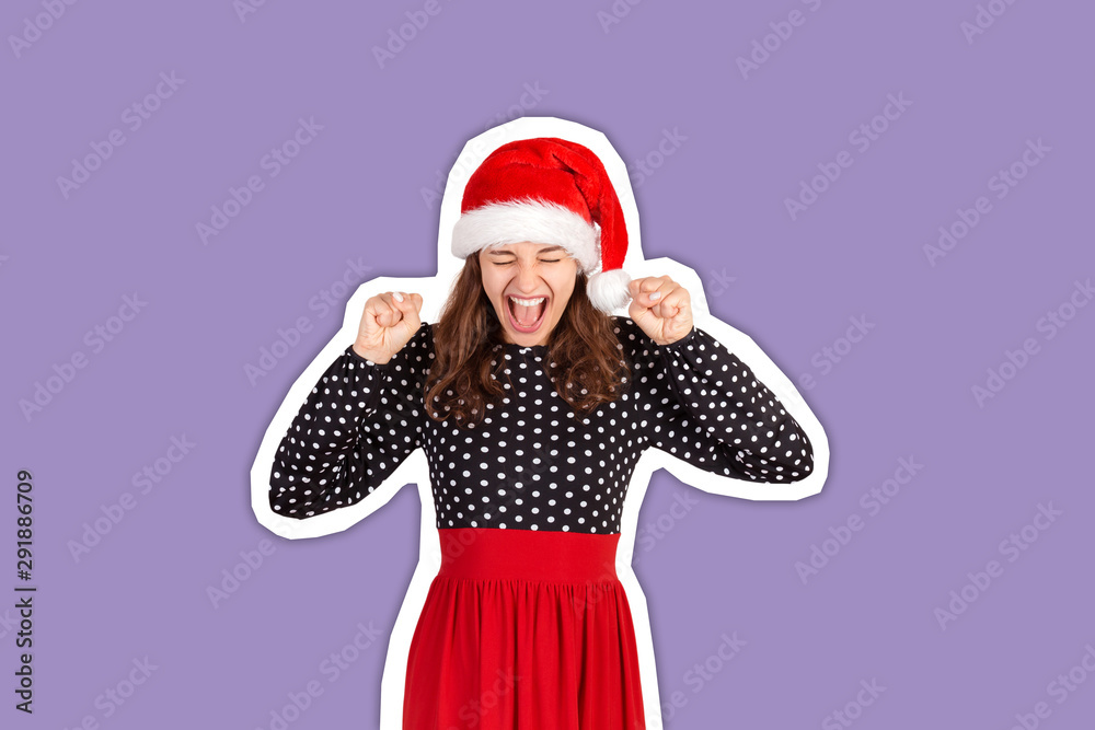 carefree happy and joyful good-looking raises hands up. Magazine collage style with trendy color background. holiday concept carefree happy and joyful good-looking raises hands up. Magazine collage style with trendy color background. holiday concept