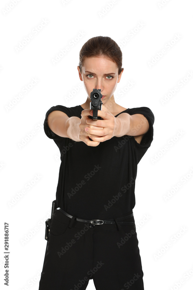 Female security guard in uniform with gun on white background Female security guard in uniform with gun on white background