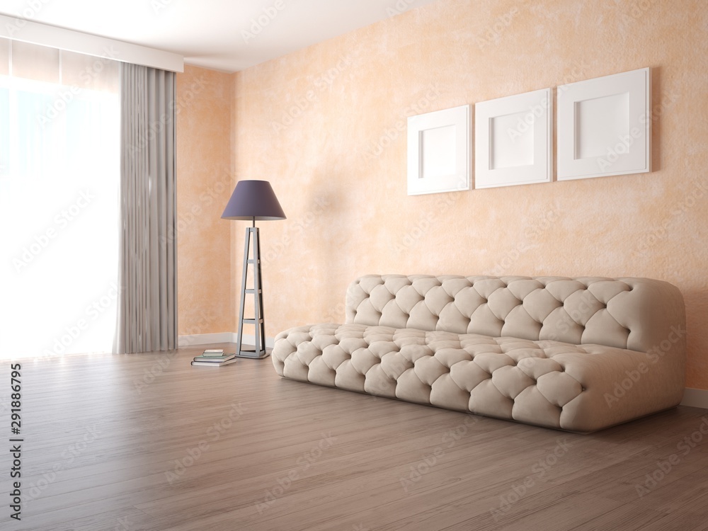 Fototapeta premium Mock up a stylish living room with a compact comfortable sofa and fashionable decorative plaster.