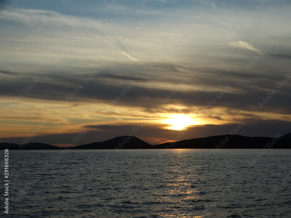 golden hour beautiful colors cloudy sunset horizon above sea at evening igoumenitsa city greece