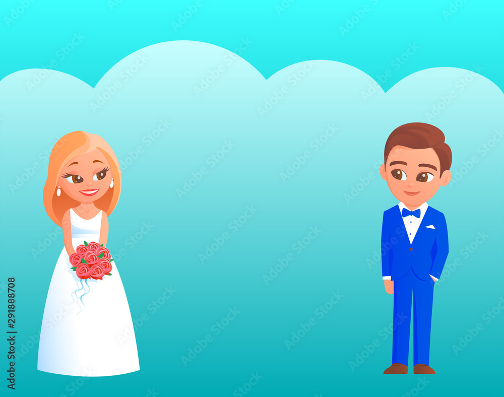 Young cartoon newlyweds on their wedding day. The bride in a white dress with a bouquet of red roses, the groom in a blue tuxedo. There is a happy smile on their faces. Vector illustration. Young cartoon newlyweds on their wedding day. The bride in a white dress with a bouquet of red roses, the groom in a blue tuxedo. There is a happy smile on their faces. Vector illustration.