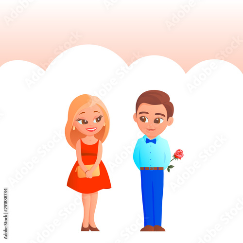 Young couple in love. Blonde girl in a red dress to the knees. A man in trousers and a shirt, a rose in his hands. Vector cartoon romantic illustration on a white cloud background.