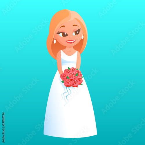 Young beautiful blonde bride. Stands in a white wedding dress with a bouquet of red roses. A happy smile is on her face. Vector cartoon illustration on a blue background.