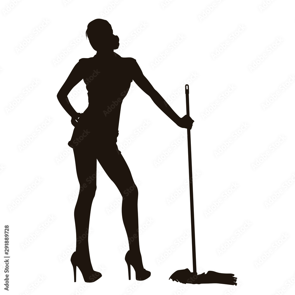 Janitor Doing Cleaning Activities Silhouette Janitor Doing Cleaning Activities Silhouette