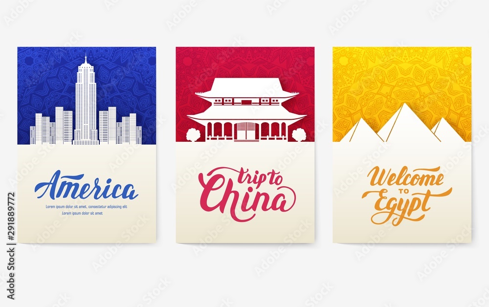 set of art ornamental travel and architecture on ethnic floral flyers. Vector decorative banner of card or invitation design. Historical monuments of USA, China, Egypt, France, Mexico, Italy country