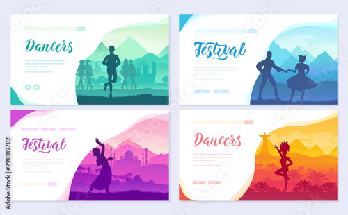 Traditional dances from all over the world brochure cards set. Cultural Dancer Styles template of flyear, web banner, ui header, enter site. Invitation concept background. Layout modern slider page