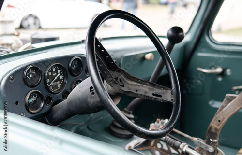 Vintage details inside  old hot rod car. Hot rod machine control sensors © contentdealer