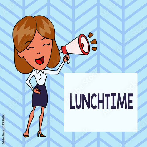 Word writing text Lunchtime. Business photo showcasing Meal in the middle of the day after breakfast and before dinner Young Woman Speaking into Blowhorn Volume Icon Colored Backgdrop Text Box photo