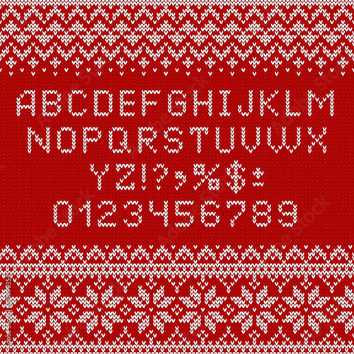 Knitting font. Alphabet, numbers and norwegian ornaments.