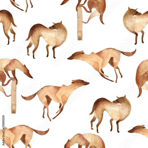 watercolor illustration. Seamless pattern of simple brown dog like greyhound on white background