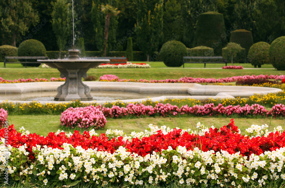 Beautiful garden with fountain and flowers Vienna Austria