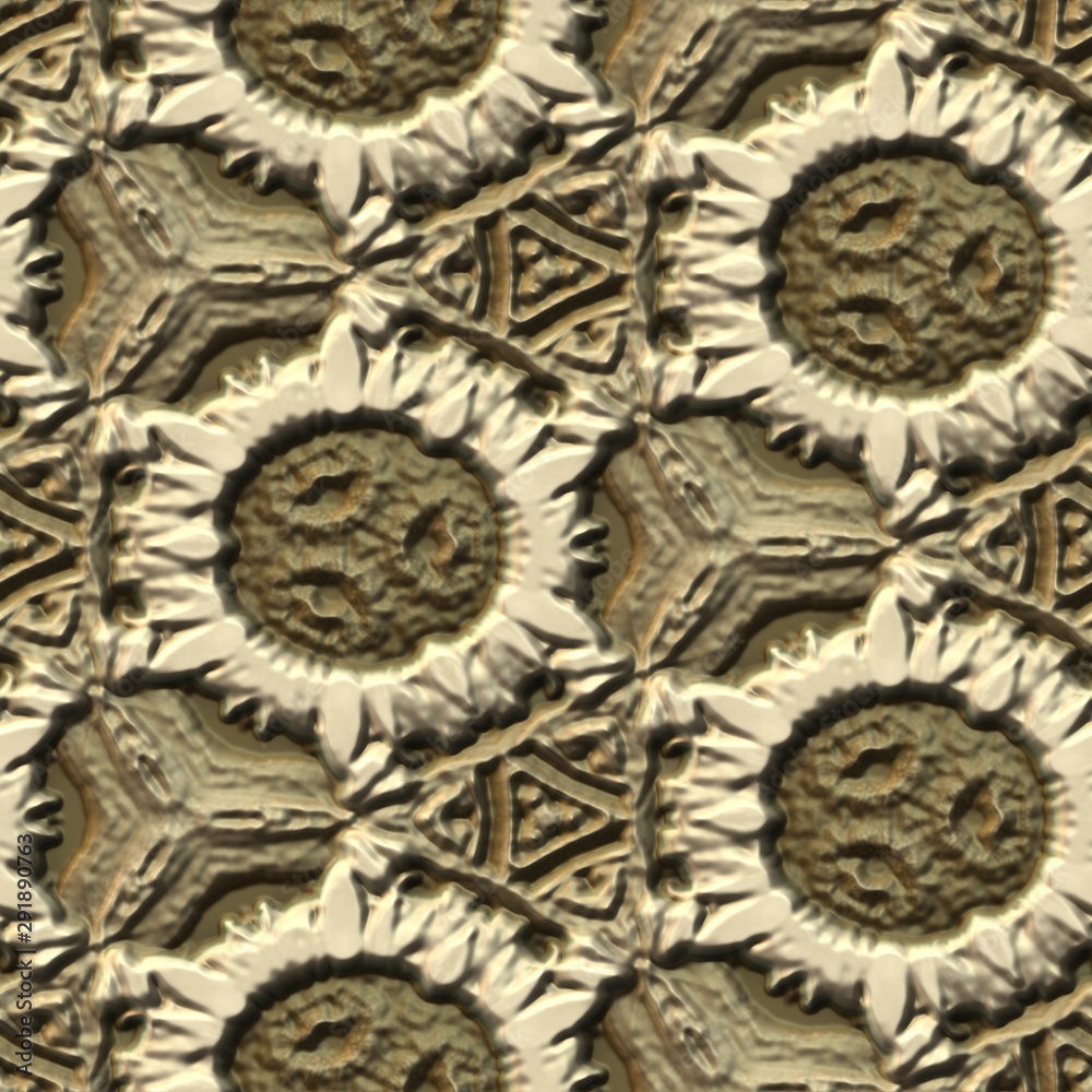 Ornamental embossed 3D metallic background. Seamless pattern. Rendering illustration.