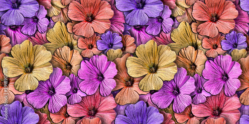 Colorful 3D background with Geranium flower. Seamless pattern. Rendering illustration.