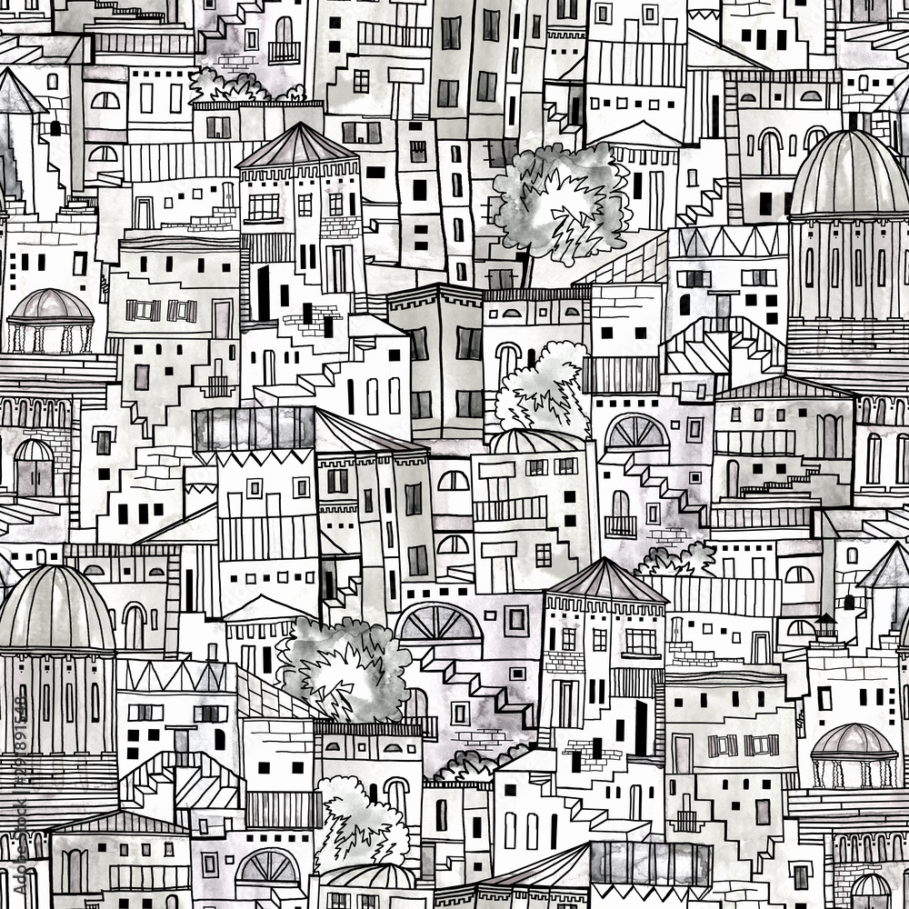 Abstract architectural seamless pattern of southen urban development. Hand drawing, watercolor