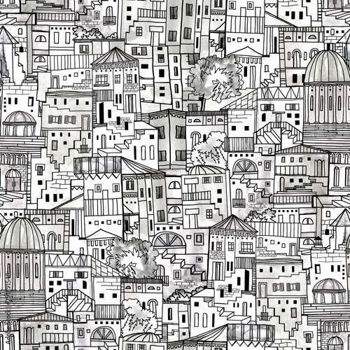 Abstract architectural seamless pattern of southen urban development. Hand drawing, watercolor photo
