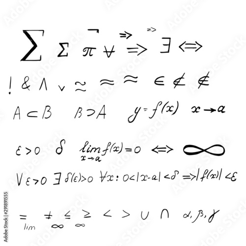 Mathematical analysis symbols and signs on white background