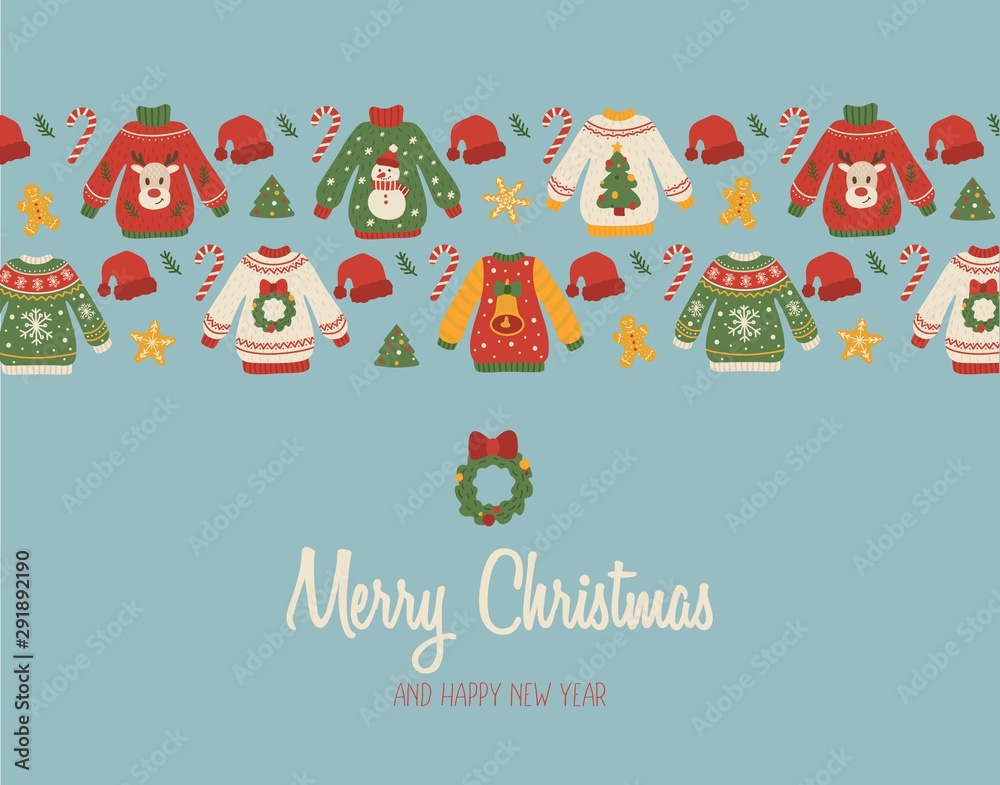 Fototapeta premium X-mas joyful postcard with holidays congratulations vector illustration. Happy New Year and Merry Christmas wishes with sweaters and xmas symbols flat style concept. Festive greeting card