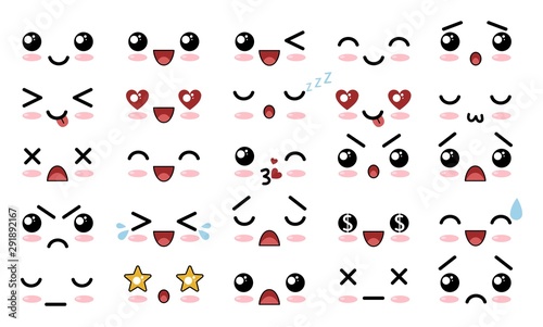 Collection of various cartoons characters and faces set vector illustration. Kawaii emotions showing expressions angry, embarrassed, fun, sad, surprised flat concept. Isolated on white background