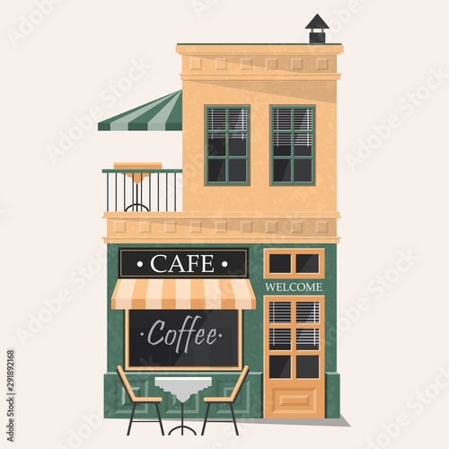 Comfortable and cozy modern cafe building facade vector illustration. Small caffeine shop with summer terrace with two chairs and table flat style concept. Isolated on white background