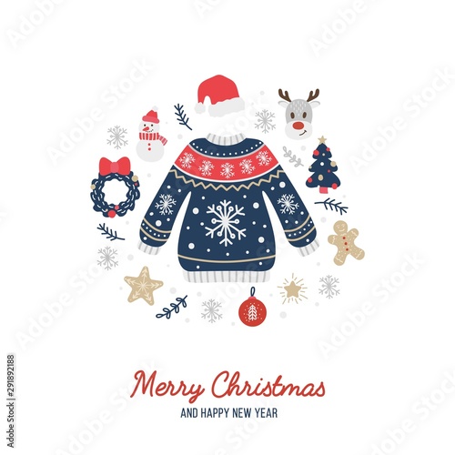 Merry Christmas greeting card with cute warm sweater vector illustration. Holiday congratulations Happy New Year with xmas symbols flat style concept. Isolated on white
