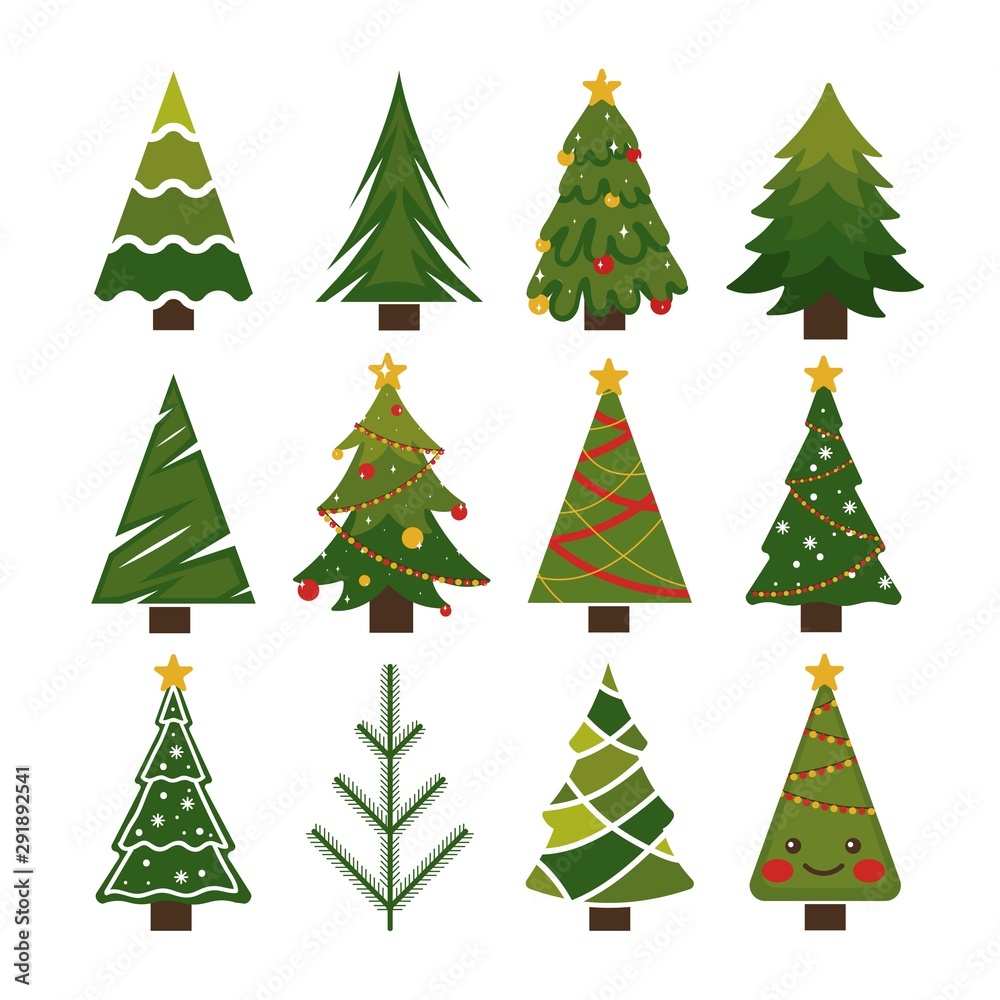 Beautiful celebration christmas trees set vector illustration. Colorful cartoon decorated xmas pines. New Years fir-tree with garland, bright toys, snowflakes, serpentine flat style. Isolated on white