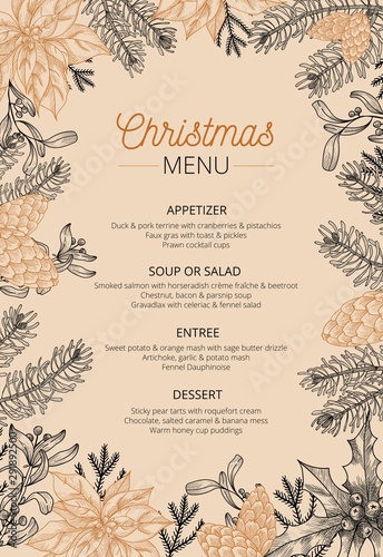 Food restaurant cuisine menu template vector illustration. Price set for christmas dishes appetizer, soup, salad, entree, dessert. Xmas new year eve theme and happy winter holidays flat style concept