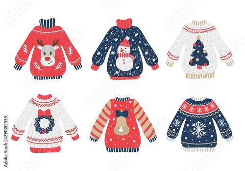 Cozy and ugly knitted sweaters christmas set vector illustration. X-mas collection of knitwear jumper with xmas deer, snowman, fir-tree, snowflake, jingle bells flat style concept. Isolated on white