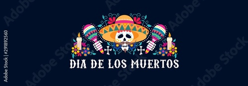 Dia de los muertos greeting card festive design vector illustration. Mexican day of dead banner with skull in sombrero and maracas with floral composition flat style concept